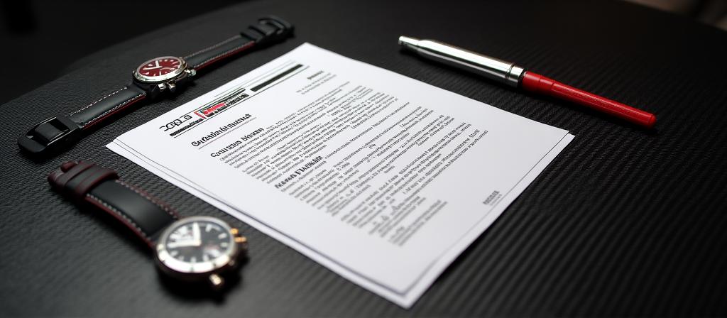 Close up of professional automotive technical agreement documents on a carbon fiber surface